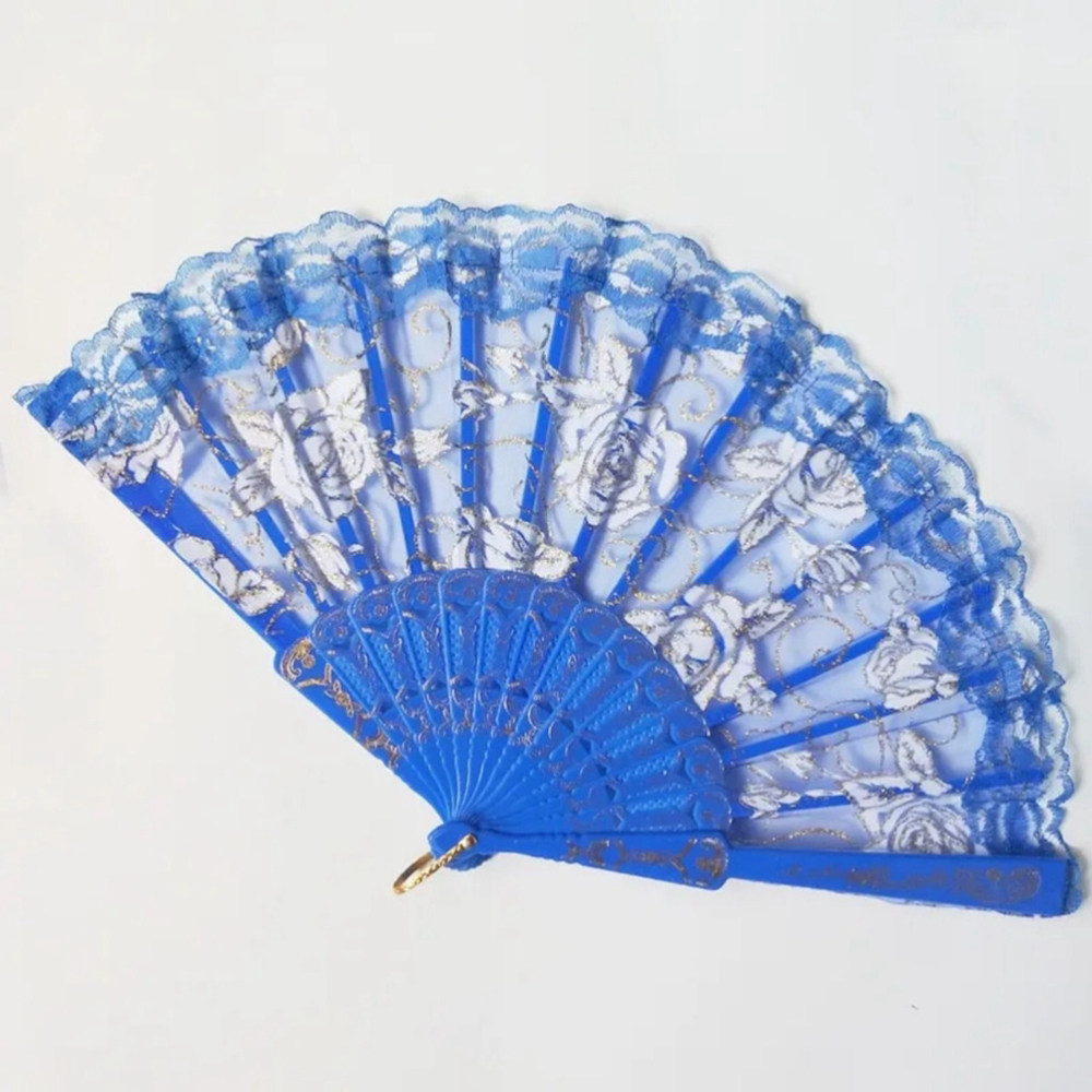 Folding Handheld Floral Lace Fan In Blue